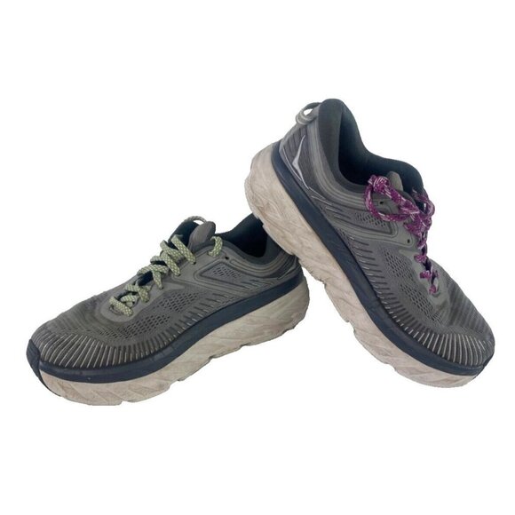 Hoka One One Mens Gray Athletic Running Shoes Size 9 2E Wide Bondi 7 Lace Up - Picture 2 of 8